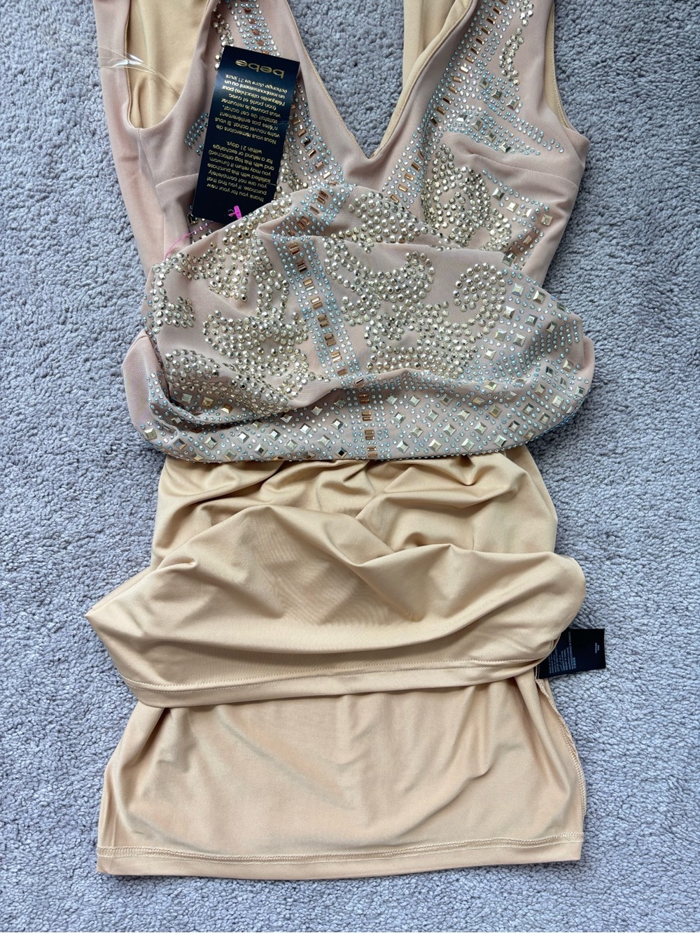 NWT Bebe Nude Studded Bodycon Mini Dress XS Y2K Glam Bandage Rhinestone Clubwear - Picture 11 of 14